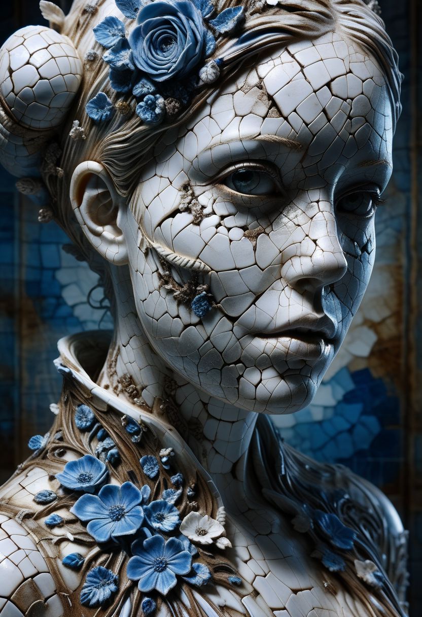 Close-up porcelain face, mysterious silhouette of a porcelain woman in worn down porcelain clothing, white and blue porcelain, alluring goddess, by Minjae Lee, Carne Griffiths, Emily Kell, Steve McCurry, Geoffroy Thoorens, Aaron Horkey, Jordan Grimmer, Greg Rutkowski, amazing depth, double exposure, surreal, geometric patterns, intricately detailed, bokeh,  perfect balanced, deep fine borders, artistic photorealism , smooth,  great masterwork by Suiras  <lora:add-detail-xl:2>  <lora:Double_Exposure:0.5>
