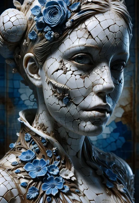 Close-up porcelain face, mysterious silhouette of a porcelain woman in worn down porcelain clothing, white and blue porcelain, alluring goddess, by Minjae Lee, Carne Griffiths, Emily Kell, Steve McCurry, Geoffroy Thoorens, Aaron Horkey, Jordan Grimmer, Greg Rutkowski, amazing depth, double exposure, surreal, geometric patterns, intricately detailed, bokeh, perfect balanced, deep fine borders, artistic photorealism , smooth, great masterwork by Suiras <lora:add-detail-xl:2> <lora:Double_Exposure:0.5>