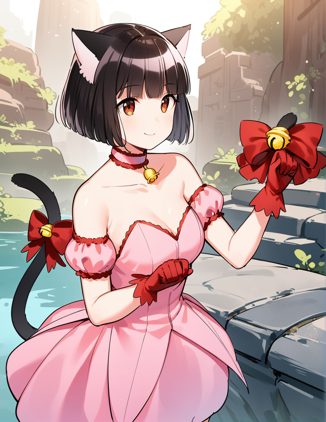 1girl, solo,  <lora:sdxl-lyco-mew_ichigo-cosplay-animagine_xl_3_1-AdamW8bit-v1-1-1:1:lbw=0,0,0,0,0,0,0,0,1,1,0,0,0,0,1,1,1,0,0,0,0,0,0,0,0,0>, mew_ichigo_cosplay, bowl cut hair, black hair,   , tail bow, gloves, cat tail, red gloves, tail bell, choker, detached sleeves,pink dress, strapless, relaxed posture, elbows extended, standing,  ,,smile, best quality, very aesthetic, ultra-detailed, intricate details, 4k,BREAK  in the distant future