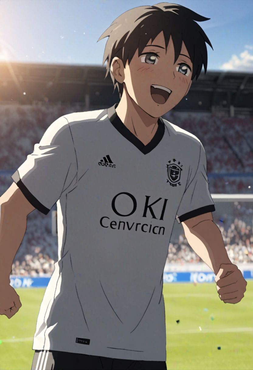 Highres, Masterpiece, High Quality, 4K, 8K, solo, 1Boy, Takaki Toono, adult, black hair, short hair, Soccer Boy, soccer player, field, happy, tired, celebration, sunny day, easynegative, detailed_eye_model