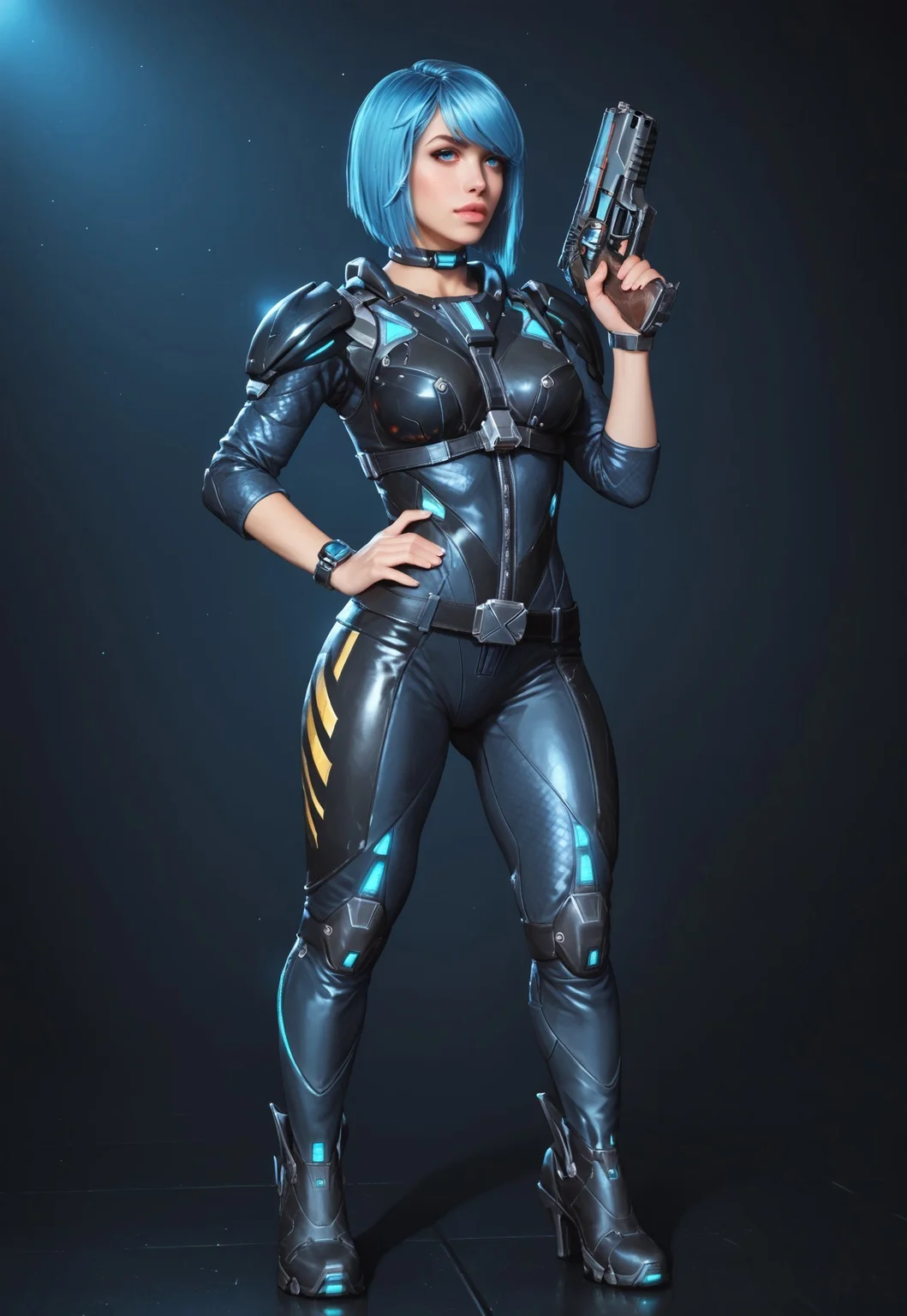 safe_pos, core_9, score_8_up, score_8, semi realistic, ultra detailed, 8k, high quality, hi res, high quality, detailed eyes, perfecteyes, detailed face, 1girl, sharp focus, cowboy-shot, focus on hip, (1girl:1.2), Nyx from Quake Champions, futuristic assassin outfit, pistol in hand, pale skin, long legs, (glowing bobcut blue hair, side bangs), realistic, cinematic angle, cinematic lighting, athletic body, intense face, glowing blue eyes, stealthy pose
BREAK
infiltrating a high-tech corporate facility at night
BREAK
source_sci_fi_art, rating_explicit, expressive, full body, dynamic pose
BREAK
detailed beautiful background, futuristic architecture, neon lights, advanced security systems, holographic displays, dark shadows, tense atmosphere
(full clothed)