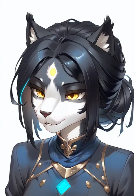 masterpiece, score_9, score_8_up, score_7_up, score_6_up, simple background, (by zinfyu:1), source_furry, (beautiful yellow eyes), anthro, furry, 1girl, 3mb3r, feline, black and white fur, detailed face, detailed eyes, black hair, tail, animal ears, An anime-style portrait with flowing hair transitioning from dark blue to white at the ends. She has sharp, bright yellow eyes. The character has soft cat ears matching her hair color, adding a subtle fantasy touch. The art style is soft and minimalist, with a (((monochromatic blue and white color)), glowing highlights, and a gentle, serene expression. Clean and elegant anime illustration