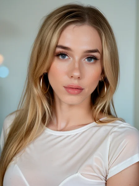 score_9, score_8_up, score_7_up,  LilyDemure33, Lily Demure, <lora:LilyDemure33-pony:1>,  1girl, solo, portrait, shiny lipgloss, lips, vintage aesthetic, close-up, (fair skin), long hair, blonde hair, tee shirt, lipstick, solo, blush, looking at viewer, bokeh, focus, film, velvia, film grain, best quality, photograph, focus, earrings, garden