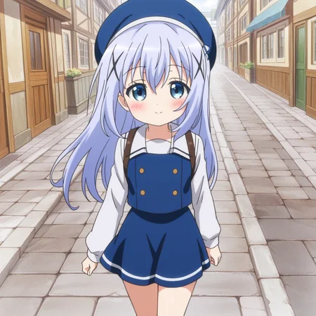 nsfw, masterpiece, best quality, amazing quality,1girl, solo, is_the_order_a_rabbit_chino_kafu, blush, walking, smile, x hair ornament, blue eyes, hat, long hair, blue hair, school uniform, white shirt, bangs, long sleeves, blue headwear, blue vest, light blue hair, beret, hair between eyes, street, looking at viewer, <lora:Chino_Kafu_-_Is_the_Order_a_Rabbit:0.7>