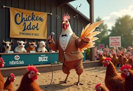 A very smug-looking chicken stands on a stage in a farmyard, wearing a glittery, oversized tuxedo and holding a tiny microphone. Behind him is a homemade banner that says, âChicken Idol: Sponsored by Buzz.â To his left, a panel of farm animalsâan unimpressed cow, a sheep with headphones, and a pig with sunglassesâsits at a long judging table with little buzz coins as score paddles.
The chicken strikes an overly dramatic pose, one wing outstretched, the other clutching the microphone, as if heâs about to belt out a power ballad. His beak is wide open, mid-squawk, with musical notes floating comically out of it. The audience, a crowd of clapping and cheering chickens, holds signs saying, âGive him the buzz!â and â#TeamCluck.â
Above the chicken, a speech bubble declares:
âThis performance deserves a standing buzz-ovation!â
The scene is chaotic and ridiculous, blending the drama of talent shows with the absurdity of a chicken passionately seeking buzz-powered fame.