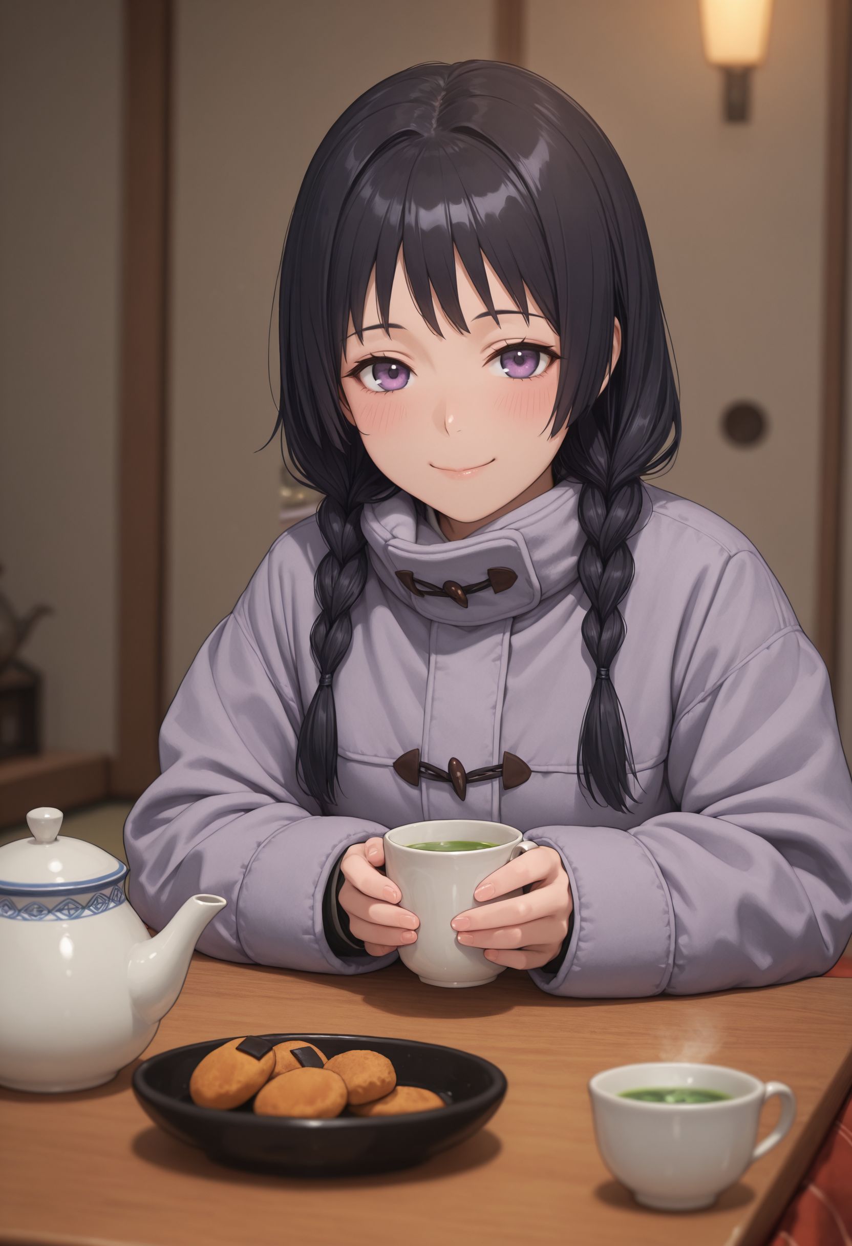 masterpiece,best quality,absurdres,highres,very aesthetic,high quality,detailed,insanely detailed,beautiful,perfect lighting, ,depth of field,blurry background,bokeh, 
 <lora:Awatsuki Maaya illu:1> 1girl, black hair, long hair, braid, twin braids, purple eyes,  smile, 
winter clothes, tea, kotatsu, low table, small japanese teapot, green tea, senbei, smile, blush, looking at viewer,