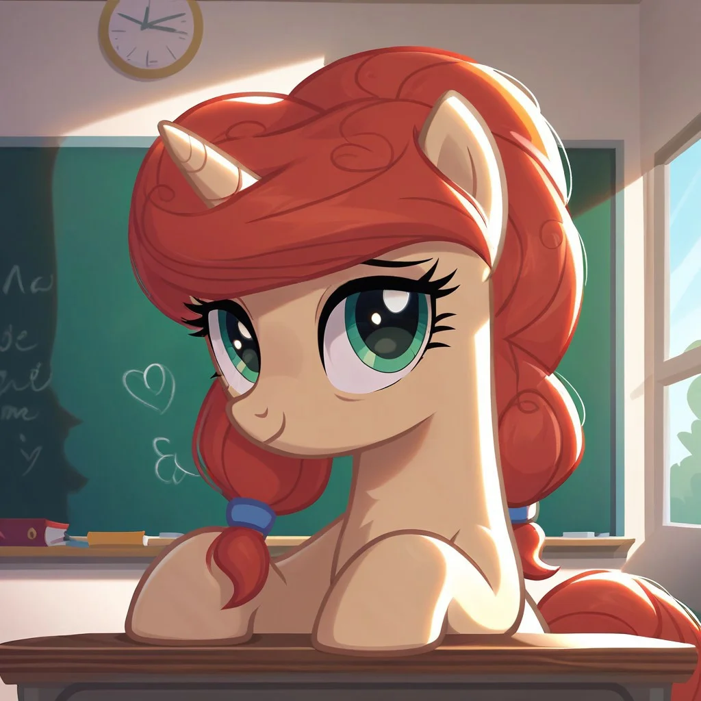 score_9, score_8_up, score_7_up, score_6_up, score_5_up, score_4_up, Fair Devotion, pony, unicorn, terracotta mane and tail, green eyes, light tan fur, show accurate, solo, cute, best high quality, high res, inside, school, classroom, chalkboard, desk, window, solo, cute, beautiful, bust, up close, looking at viewer, sad, smiling, side view