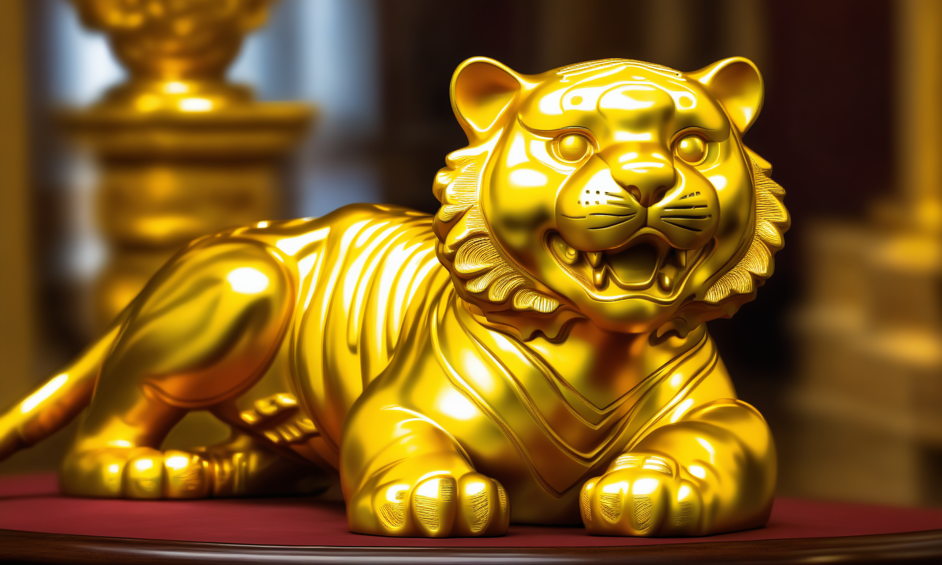 <lora:goldcarvingcd_xl-000006:0.8>,a statue of a tiger made of golden in office scene,goldcarvingcd_xl,gold carving,indoors,chinese zodiac,wooden table,cutie,cute,still life,animal statue,front view,facing viewer,looking at viewer,(Unbelievable Digital Artwork:1.3),fine art,CGSociety,ArtStation,master works, emotional, harmonious, high budget, moody, epic, gorgeous, perfect lighting, realistic, photorealistic, photographic, photo (medium),real, moody lighting, volumetric lighting, reality ray tracing, 8K, HDR, UHD, masterpiece, best quality, highly detailed, high resolution, finely detail, extremely detailed, ultra detailed, wallpaper