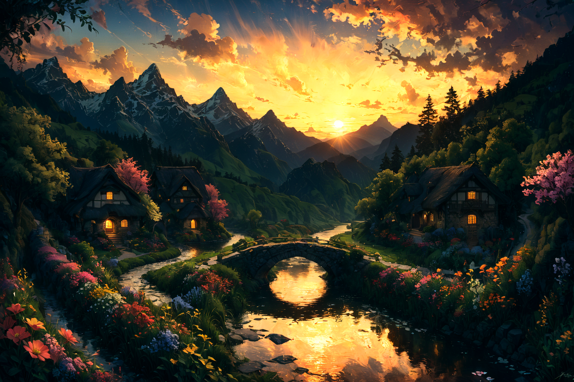 Imagine a serene landscape set during the golden hour, with the sun casting its warm glow over a picturesque village nestled in the rolling hills of the countryside. In the foreground, a crystal-clear stream meanders through lush green fields dotted with wildflowers of every hue, reflecting the vibrant colors of the sky as day transitions to evening. An ancient stone bridge spans the stream, leading to the village where quaint cottages with thatched roofs and flowering vines climbing up their walls emit a welcoming glow from their windows. In the distance, majestic mountains stand guard, their peaks just catching the last light of the sun. This tranquil scene is alive with the sounds of nature: the gentle flow of water, the soft rustle of leaves in the breeze, and the distant call of birds heading home. The whole composition invites the viewer into a timeless moment of peace and beauty, untouched by the rush of modern life. <lora:Lost_In_Dreams:0.7> <lora:xl_more_art-full_v1:0.6>, (masterpiece:1.2), best quality, (hyperdetailed, highest detailed:1.2), high resolution textures
