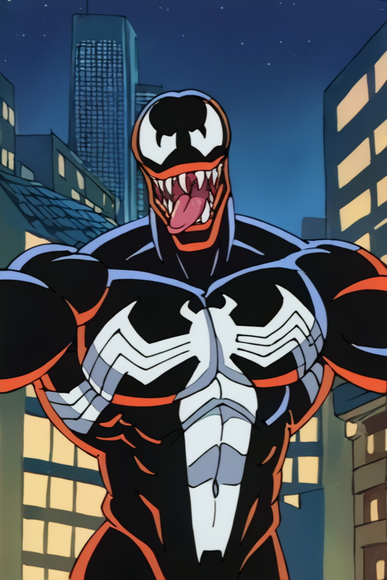 score_9, score_8_up, score_7_up, flat color, venom, 1boy, solo, male focus, muscular male, monster boy, black skin, symbiote, open mouth, teeth, sharp teeth, tongue, tongue out, looking at viewer, standing, portrait, upper body, outdoors, city, building, night, night sky <lora:Venom (Spider-Man The Animated Series) v1.0 BETA LoRA_Pony XL v6:0.8>