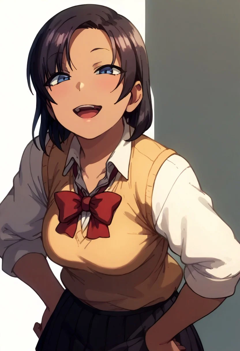 score_9, score_8_up, score_7_up, score_6_up, source_cartoon, 1girl, solo,
,medium breast, sexy hips ,
SaeHinata,1girl,black hair,medium hair,blue eyes,tan,
sweater_vest,red bowtie,sleeves rolled up, pleated_skirt,
upper body, close up, blank background,
leaning forward, smug, open mouth, hands on hips, looking at viewer, half body