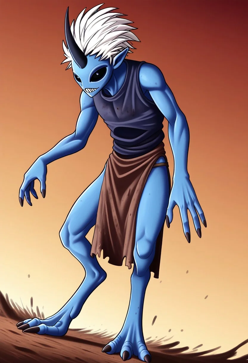 ((Alien humanoid)), solo, androgynous, aquatic features 
blue skin, ((webbed skin between fingers)),
((nostrils only, nostril slits, vertical nasal slits, narrow nostrils)):1.6, ((narrow eyes)), ((black sclera, black irises)), smooth skin,  pointy ears, small ears, tiny ears, holes in skin, forehead horn, short horn, veiny horn, ((single horn)):1.0, ((4 fingers)), fingernails, thin lips, ((white hair)), ((short hair, spiky hair)), sharp teeth, ((digitigrade legs)), bent legs,
full body shot
ragged clothes, muddy clothes, loincloth, tunic, dirty
Medieval style, fantasy style,
style: 4byss,
((Variety)):1.2
((dutch angle))
river background
fully clothed, loose clothing, clean lines, smooth colors, detailed fingers, sfw, source: semi-realistic, rating: pg, score: 8 up, score: 9