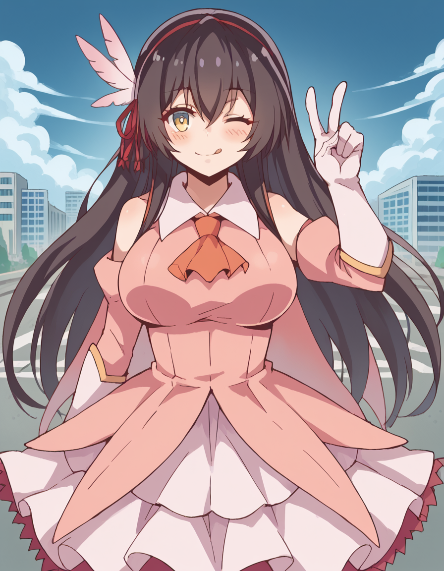 score_9, score_8_up, score_7_up, source_anime, <lora:sayuki-tokihara-s1-ponyxl-lora-nochekaiser:1>, sayuki tokihara, long hair, black hair, ribbon, hair ribbon, yellow eyes, hairband, large breasts,, <lora:prisma-illya-cosplay-ponyxl-lora-nochekaiser:1>, prismaillyacosplay, prisma illya (cosplay), dress, elbow gloves, feather hair ornament, feathers, frilled dress, frills, gloves, hair ornament, layered gloves, magical girl, orange ascot, pink dress, pink feathers, pink gloves, pink sleeves, white gloves,, cityscape, street, smile, blush, v, v over eye, one eye closed, tongue out, , cowboy shot, dutch angle