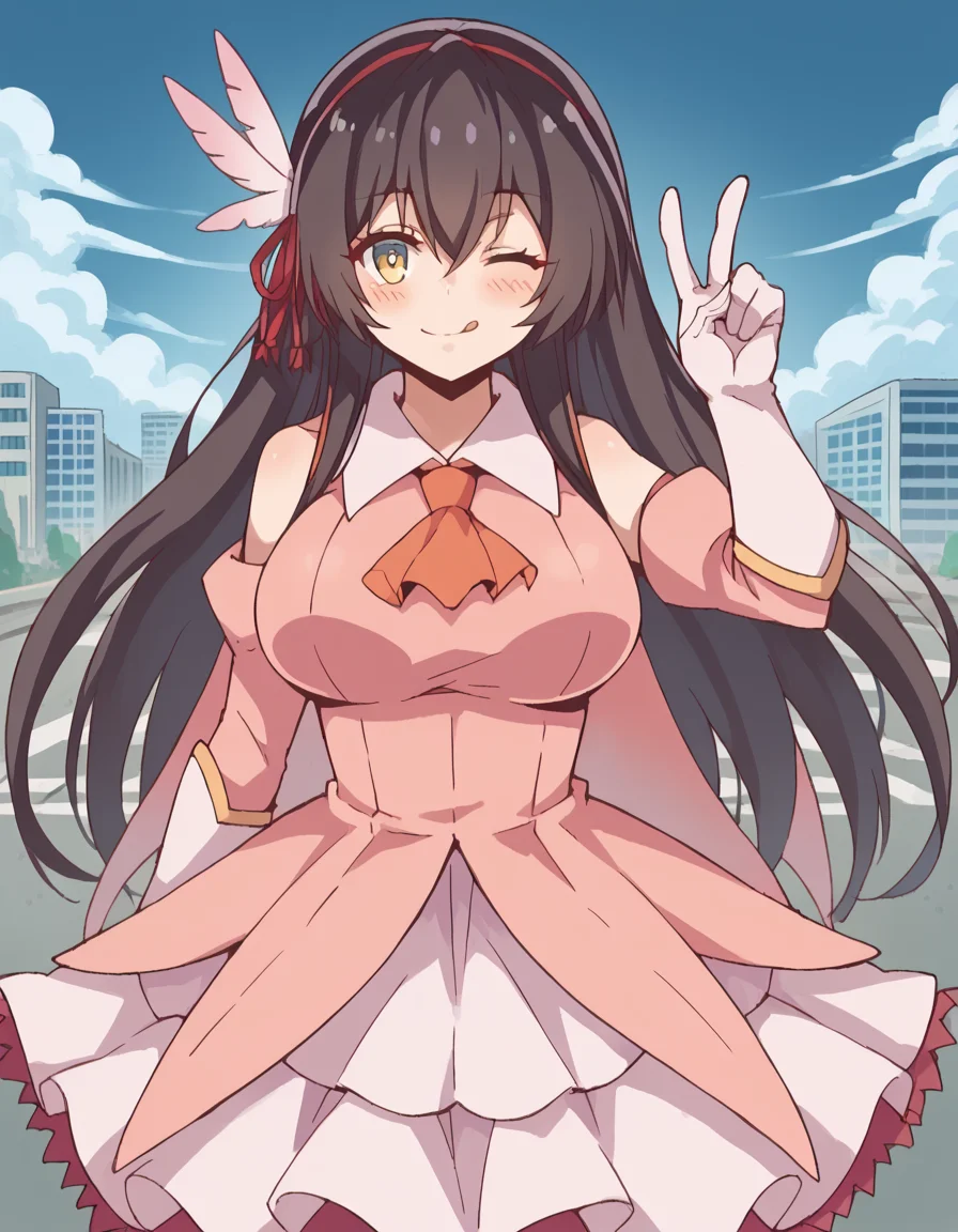 score_9, score_8_up, score_7_up, source_anime, <lora:sayuki-tokihara-s1-ponyxl-lora-nochekaiser:1>, sayuki tokihara, long hair, black hair, ribbon, hair ribbon, yellow eyes, hairband, large breasts,, <lora:prisma-illya-cosplay-ponyxl-lora-nochekaiser:1>, prismaillyacosplay, prisma illya (cosplay), dress, elbow gloves, feather hair ornament, feathers, frilled dress, frills, gloves, hair ornament, layered gloves, magical girl, orange ascot, pink dress, pink feathers, pink gloves, pink sleeves, white gloves,, cityscape, street, smile, blush, v, v over eye, one eye closed, tongue out, , cowboy shot, dutch angle