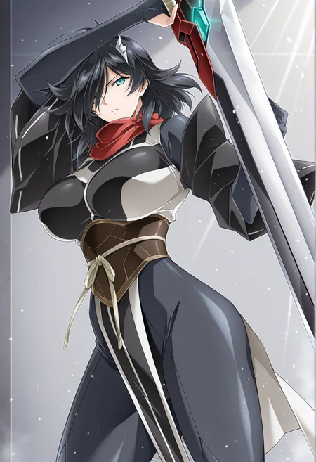 <lora:Amatsu_no_Yomi_ill_v1.0-000009:1>,anyomi,aqua eyes,black hair,medium hair,large breasts,hair over one eye,
hair ornament,red scarf,japanese clothes,detached sleeves,wide sleeves,bodysuit,side slit,
1girl,solo,(tsunashima shirou:0.9),
holding sword,greatsword,
light particles,, textless version,