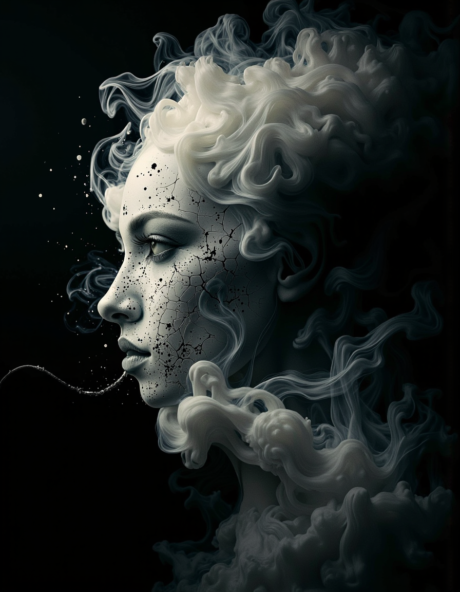 A cinematic photography.
a dipiction of a hantu iban, disintegrating and dissolving into swirling lines of fogg, smoke and particles blending with the black background, blending form with reality. Framed in thick volumetric fog. diffused light, delicatly, whispering, eye catching masterpiece artwork. drifting fog, cracked light and smokey haze in floating threads finishes the dreamlike reality.