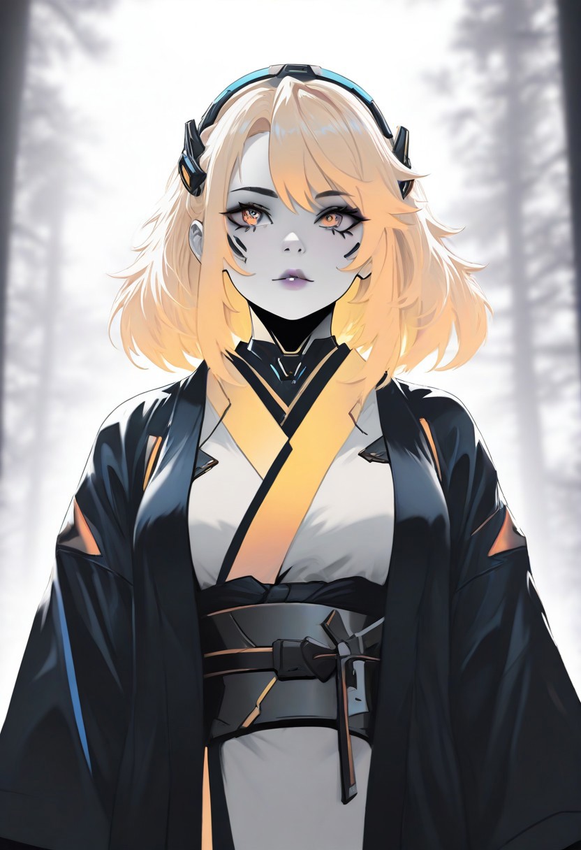 1girl, blonde hair, kimono, CatGirlNeonStyle, pale skin, CatGirlStyle, Smooth Quality, dual tone coloring, adult, cybernetic enhancements