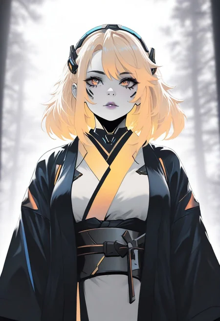 1girl, blonde hair, kimono, CatGirlNeonStyle, pale skin, CatGirlStyle, Smooth Quality, dual tone coloring, adult, cybernetic enhancements