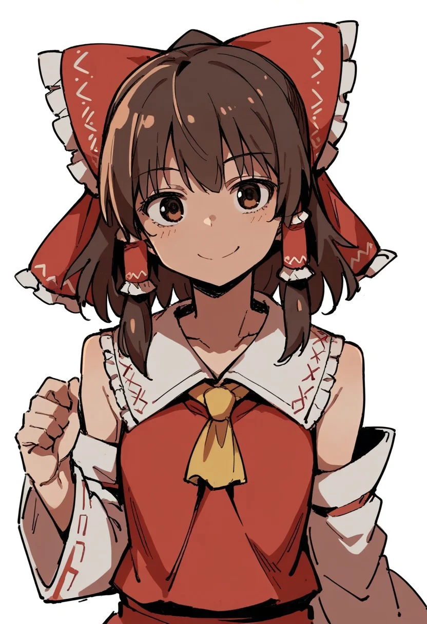 score_9, score_8_up, score_7_up, source_anime, reimu hakurei, brown hair, clothes, looking at viewer, smile, cowboy shot, pose, simple background, white background, sketch, manga, wagashi style