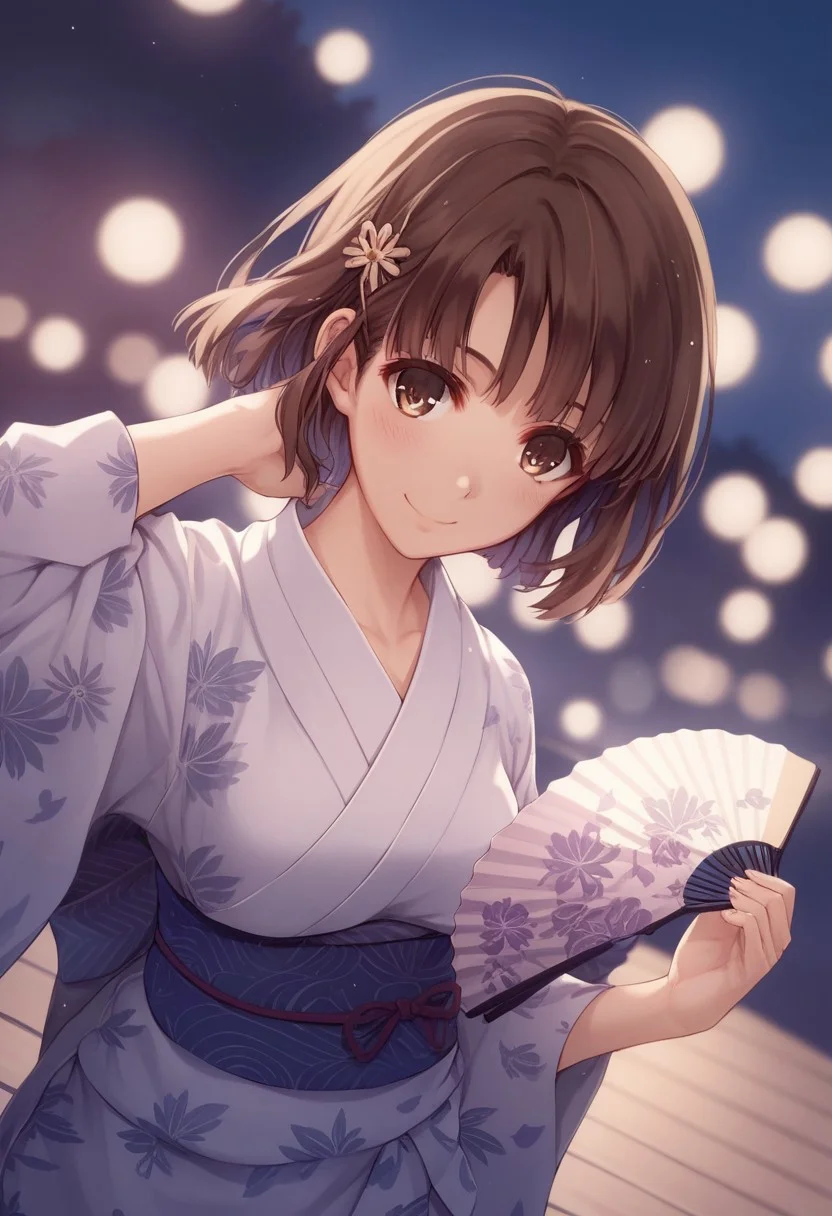 safe_pos, score_9, score_8_up, score_8, score_7_up, score_7, source_anime,
1girl, katou megumi, Megumi <lora:KatoMegumi:1>,brown hair,katou megumi,brown eyes, short hair , medium breasts, masterpiece, best quality, traditional Japanese festival theme, yukata with floral patterns, vibrant red and gold colors, obi bow, holding a paper fan, sakura petals falling, glowing lanterns in the background, evening setting, warm lighting, gentle smile, one hand adjusting hair, hairpin accessory, slight head tilt, wooden sandals, stone pathway, festival stalls blurred in background, soft depth of field, traditional aesthetic, ((fingers fix))