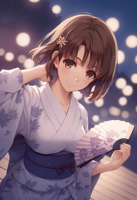 safe_pos, score_9, score_8_up, score_8, score_7_up, score_7, source_anime,
1girl, katou megumi, Megumi <lora:KatoMegumi:1>,brown hair,katou megumi,brown eyes, short hair , medium breasts, masterpiece, best quality, traditional Japanese festival theme, yukata with floral patterns, vibrant red and gold colors, obi bow, holding a paper fan, sakura petals falling, glowing lanterns in the background, evening setting, warm lighting, gentle smile, one hand adjusting hair, hairpin accessory, slight head tilt, wooden sandals, stone pathway, festival stalls blurred in background, soft depth of field, traditional aesthetic, ((fingers fix))