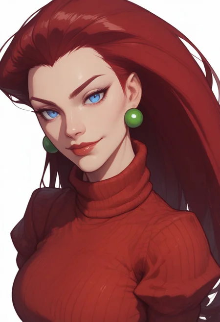 score_9, score_8_up, score_8, score_7_up, score_7, ((close up)), face focus, Expressiveh
BREAK
1girl, solo, EPpkJessie, long hair, blue eyes, red hair, hair slicked back, large breasts, looking at viewer, head tilt, seductive look, aroused, horny, standing, red turtleneck sweater, light smile
BREAK
white background