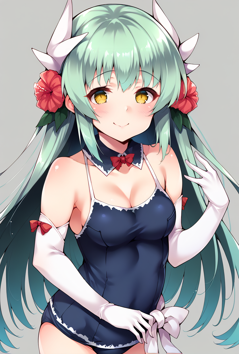 score_9,score_8_up,score_7_up,score_6_up,score_5_up,score_4_up, source_anime,  <lora:kiyohime_(lancer)_XL_1:1>  bbkiyo, long hair, green hair, white horns, hair flower, yellow eyes, detached collar, cleavage, school swimsuit, blue one-piece swimsuit, elbow gloves, white gloves, sash, blush, smile,     <lora:Oohira-Sunset-Style-PonyXL-Dora-000019:1>