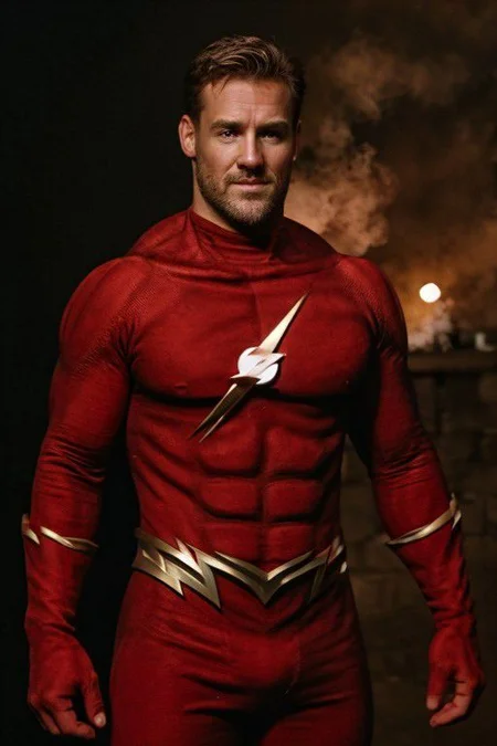 cinematic film still of Cinematic Film Footage
Flash90s
 <lora:Cinematic Film:1>
whole body photo of Barry Allen no mask, maskless, handsome face, john wesley shipp beard stubble, smiling, as barry allen, wearing the flash red suit, thunder logo on chest, muscle suit, red lycra pants, red boots, smoky lightning background, shallow depth of field, vignette, highly detailed, high budget, bokeh, cinemascope, moody, epic, gorgeous, film grain, grainy, detailed face
