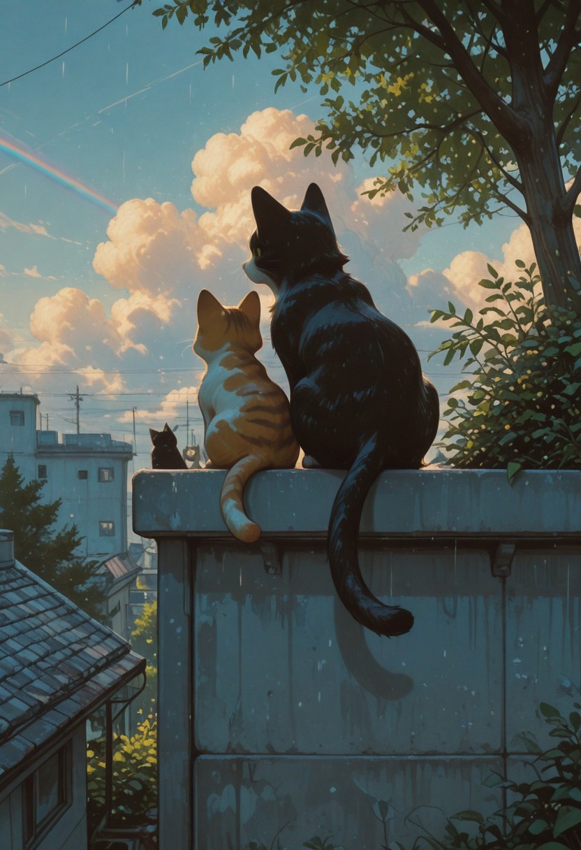 rain, rainbow, one dog, multiple cats, domestic cat, orange tabby cat, calico cat, black tabby cat, white tabby cat, kitten,
on rooftop, sitting in a row, back view, tail hanging down, tail down,
sunny day, soft shadows, warm lighting, vibrant colors, slice of life, serene_mood,
bluesky, white clouds, urban rooftop, concrete wall, plants in foreground, tree, open air, peaceful afternoon,   
masterpiece, amazing quality, best quality, scenery, painterly, anime coloring