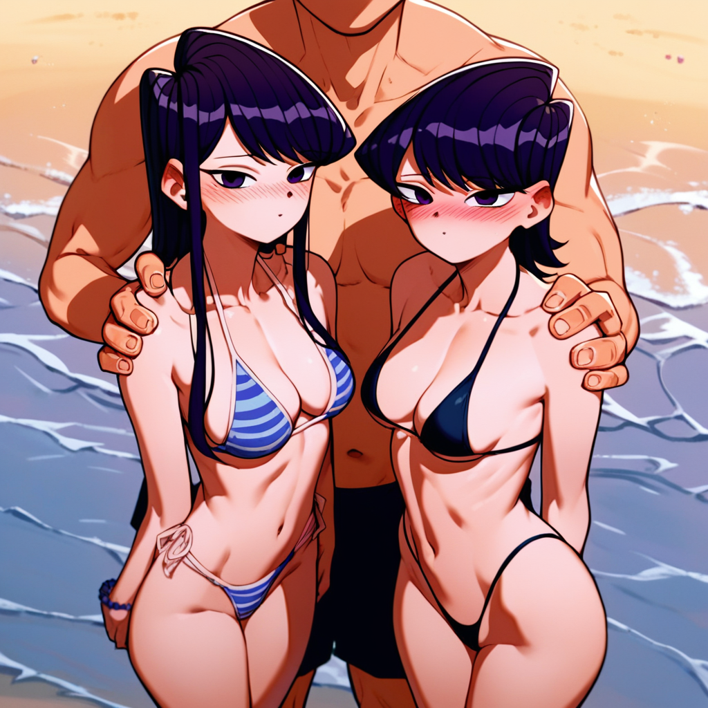 score_9, score_8_up, score_7_up, source_anime BREAK 2girls, 1boy, looking at viewer, Komi Shouko, Komi Shuuko, long hair, short hair, purple eyes, purple hair, swept bangs, looking at viewer, blush, bikini, thong, beach, faceless male, size difference, male face out of frame, standing, navel, medium breasts, perky breasts, collarbone, netorare, cheating (relationship), 2girls1boy, hand on another's shoulder, rating_questionable