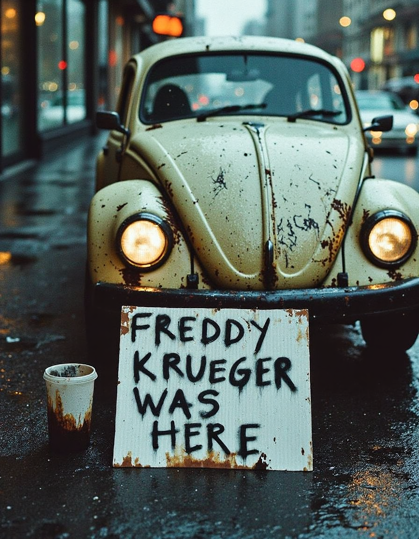 grng style.
A faded Volkswagen Beetle sits abandoned on a rainy Seattle street, its image captured in the cinematic anamorphic lens with exceptional clarity amidst a riot of chaotic color and texture. The frame is bathed in a soft, muted light that highlights the subtle nuances of its worn exterior.
A subtle gradient of grays and blacks captures the viewer's attention, evoking the feeling of a drizzly, overcast day. Every detail on the car's surface is rendered with incredible precision, from the delicate scratches that etch across its hood to the worn, faded upholstery of its interior.
In the foreground, a hand-scrawled sign reads "FREDDY KRUEGER WAS HERE" in bold, black letters, its edges visible against the soft focus effect. The words seem to leap off the page, their raw energy and unbridled passion capturing the spirit of a city that refuses to be defeated by the rain and gloom.
A faded coffee cup lies abandoned on the sidewalk beside the car, its surface bearing the subtle stains of countless cups before it. A few strands of hair cling to the Volkswagen's rusty grille, adding a touch of whimsy to the image.
The overall effect is one of gritty realism and raw emotion, as if the very act of capturing this image has unleashed a torrent of feeling and intensity upon the viewer. The image seems to pulse with a life of its own, every element working together to create a sense of dynamic tension that draws the viewer in and refuses to let go.