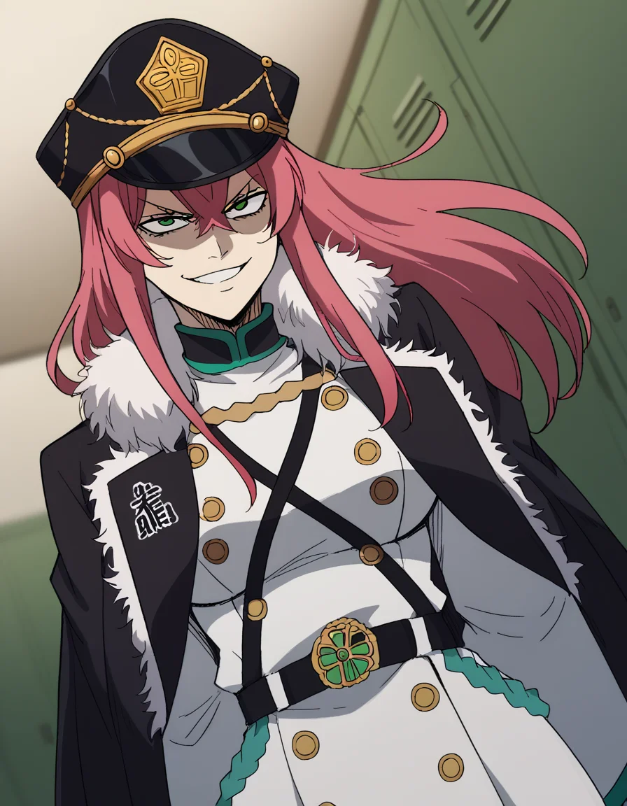score_9, score_8_up, score_7_up, source_anime, <lora:princia-funnybunny-movie-ponyxl-lora-nochekaiser_r1:1>, princia funnybunny, long hair, green eyes, pink hair, red hair, crossed bangs, sidelocks, hat, jacket, belt, uniform, fur trim, military, military uniform, peaked cap, large breasts,, school hallway, lockers, between classes, everyday life, smile, <lora:just-as-planned-ponyxl-lora-nochekaiser:1> just as planned, just as planned (meme), meme, death note (object), parody, evil grin, evil smile, smirk, shaded face,, looking at viewer, solo,, dutch angle, cowboy shot