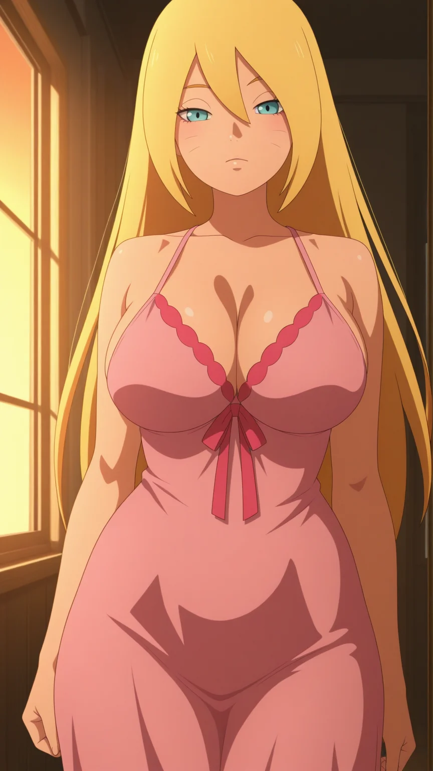 anime coloring, highres, anime screenshot, dramatic lighting, intricate details, masterpiece, best quality, absurdres, depth, ((official style)), Boruko_XL, whisker markings, whiskers, facial mark, hair between eyes, blonde hair, 1 girl, alone, big breasts, big hips, curvy hips, room, bedroom, pink dress, nightgown, breasts, closed mouth, bare shoulders, solo focus, window, sunset, sunlight, large breasts, ((official style)), <lora:Boruko_XL-15:0.9>