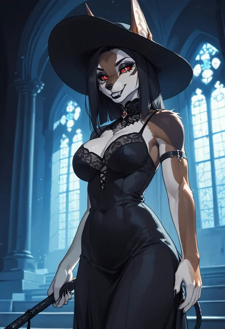 score_9, score_8_up, score_8, score_9, source_furry, perfect finger anatomy, perfect face, perfect eyes, perfect nose, unique angle, (perfect teeth), volumetric lighting, cinematic lighting, (solo, 1girl, furry, anthro, jackal:1.3), (a tall vampire girl at the grim gothic castle:1.2), (bent down:1.3), ((touching crotch)),
BREAK
(wearing rich royal long gown), sunhat, (whip:1.3), cleavage, (vampire fangs), red eyes, black makeup, black lips, (dark black), (three tone body, gray shoulders, brown back and white chest), (athletic body:1.3), bulging breasts, bulging muscles, narrow shoulders, ((wide hips)), ((perfect round ass)), sexy, visible ceiling, gothic windows, grim atmosphere, gothic castle,