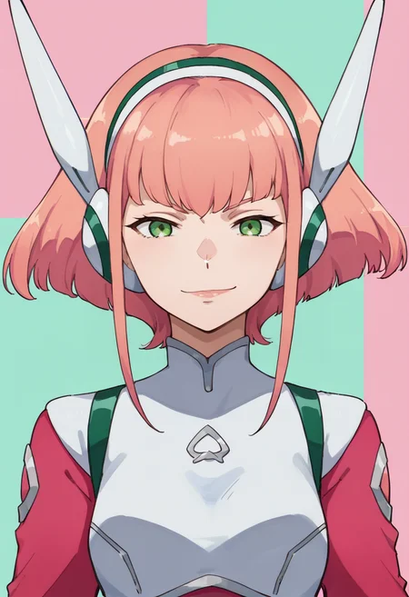 score_9,score_8_up,score_7_up,anime coloring,source_anime,<lora:Barara_Peor:0.8>,barara,1girl,solo,green eyes,short hair,pink hair,headgear,bodysuit,gloves,smirk,multicolored background,looking at viewer,portrait,upper body,