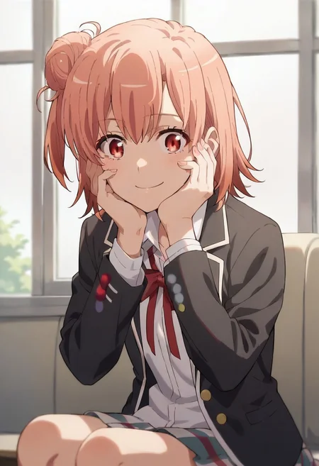 score_9, score_8_up, score_7_up, source_anime,yuigahama yui, pink hair, red eyes, 1girl, school uniform, solo, sobu high school uniform, jacket, black jacket, blazer, smile, hair bun, hands on own face, single hair bun, shirt, sitting, ribbon