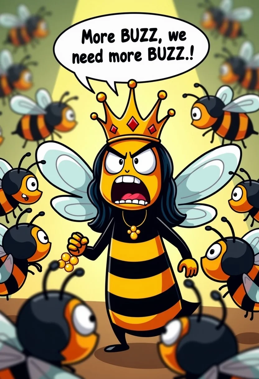 A cartoonish bee queen, wearing a regal crown and elaborate wings, angrily yells at the busy worker bees surrounding her. Her mouth is wide open, clearly shouting, "More BUZZ, we need more BUZZ!" The worker bees, startled and frantic, buzz around her, carrying honeycombs, creating a chaotic yet humorous scene.