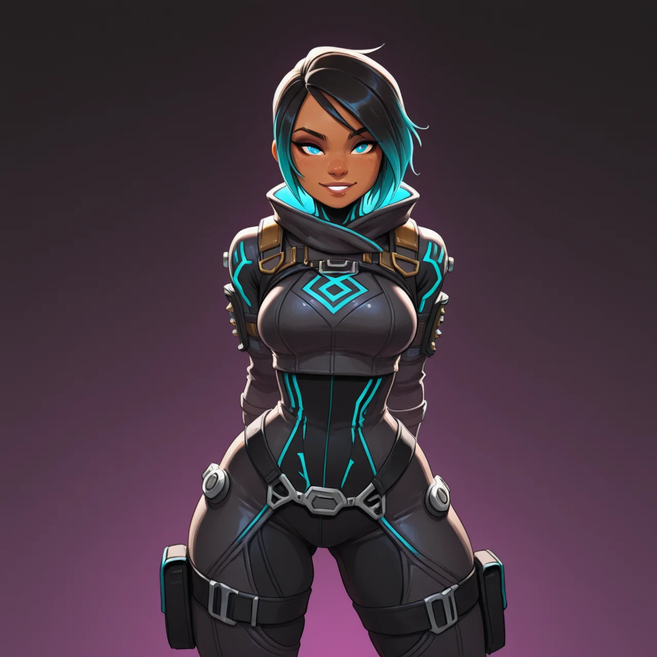 1girl,
Catalyst, Apex Legends,
official style,
,
grin
sensual pose,
<lora:DarkfireStyle11:1>