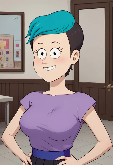 ((room background)),score_9, score_8_up, score_7_up,score_6_up, 
1girl, solo, Celia_RS, light skin, black eyes, short hair, black hair shaved sides, hair teal fringe, purple t-shirt with a round neck, blue violet sash belt, black pleated skirt, long white socks, brown shoes, big eyes, cute, tall stature, social smile, perfect eyes, perfect smile, looking at the viewer, detailed eyes, perfect eyes, standing, big breasts (front pose, bust shot, close up to face, face portrait:1) five fingers, perfect hands, hands on hips
