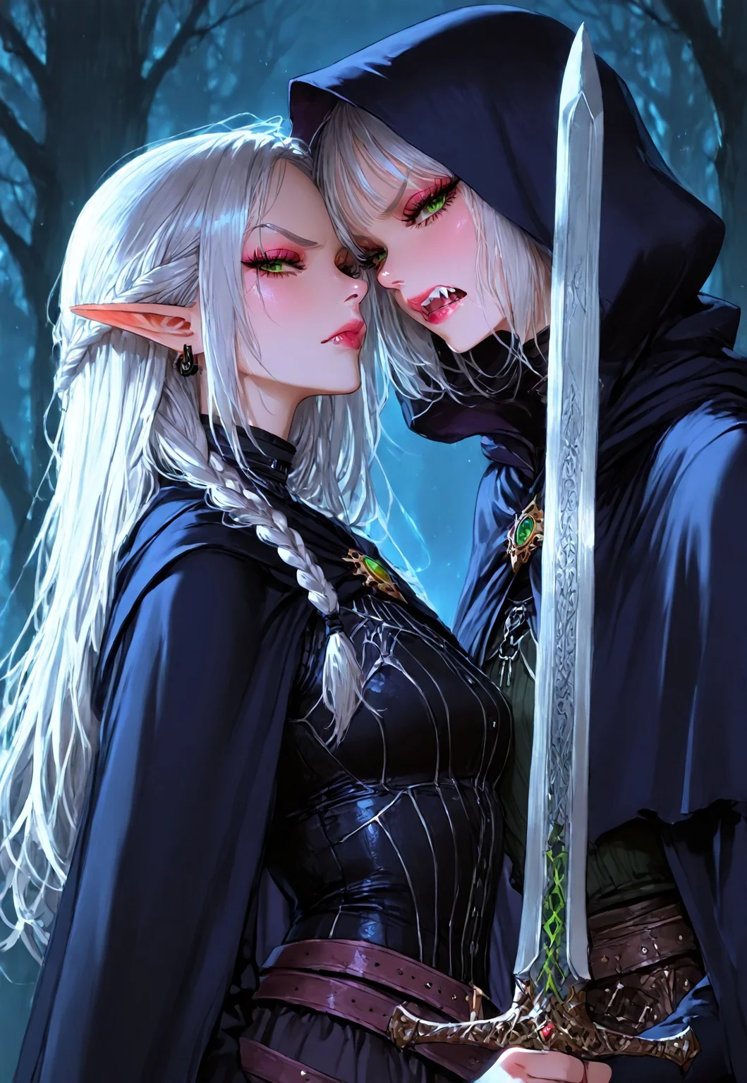(1girl:1.2), Masterpiece, high quality, very detailed, cinematic lighting, mysterious, closeup on face, Female elf, standing in a dark forest, side profile, eye contact, looking at viewer, silver hair, messy hair, elf ears, black cloak, long cloak, green eyes, fantasy clothes,( sorceress outfit:1.1),( armor:1.1), dark necklace, iron earrings, ( holding a sword:1.3), (glaring expression:1.1), eyes fully open, ( fully clothed:1.1),( mouth open:0.8), snarling, ( elder:1.2), showing fangs,
Detailed eye, Eye detail, pink lips, eyeshadow, mascara, eyelashes, braids, lipstick, vampire fangs, makeup, belt, corset,
