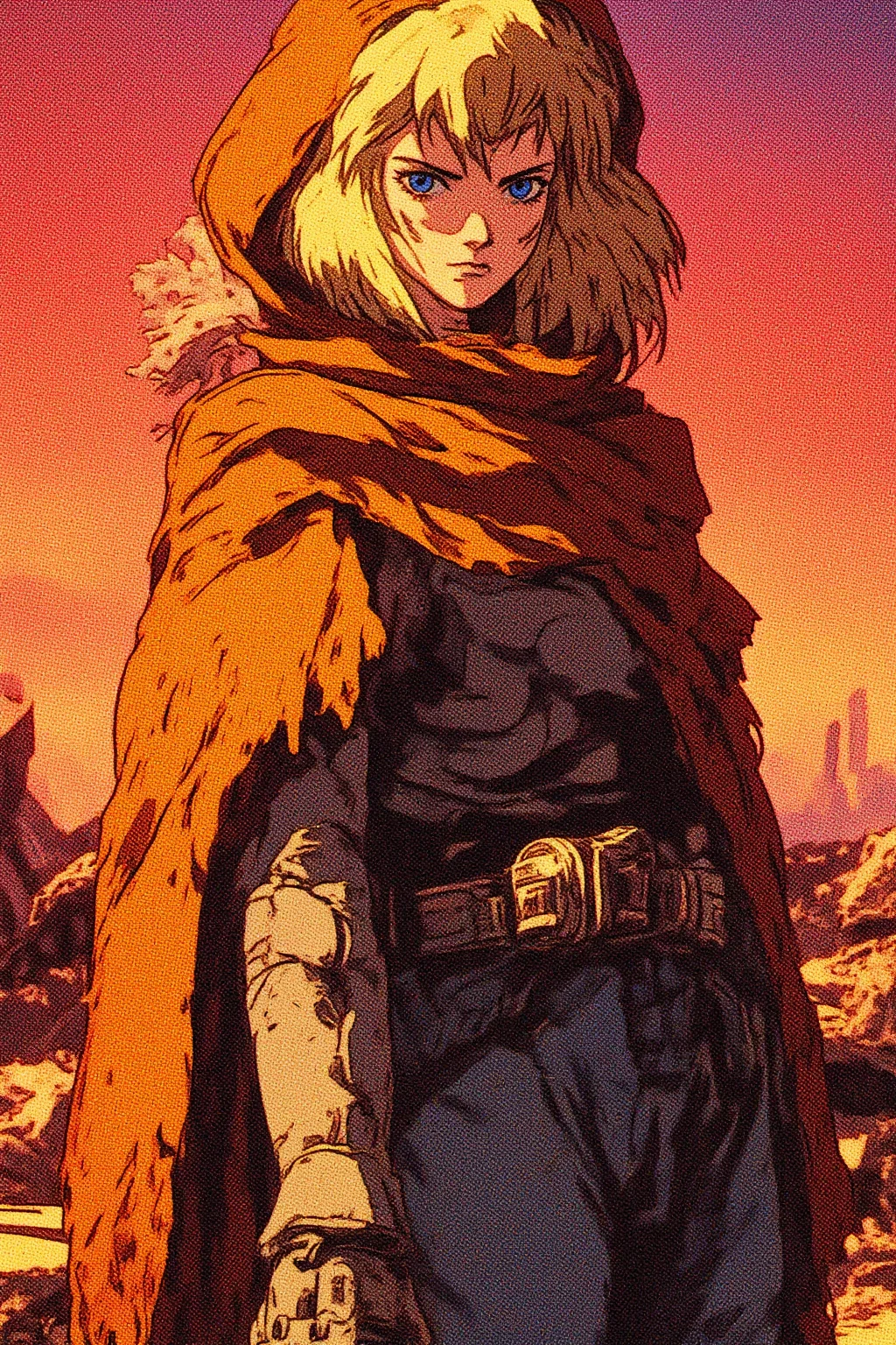 This is a digital drawing in a comic book style, depicting a dystopian setting at sunset. The subject is a blonde woman with striking blue eyes, wearing a torn, orange-brown hooded cloak and a utility belt. She has a serious, determined expression and her blonde hair is partially covered by the hood. The cloak appears worn and rugged, with frayed edges, and the utility belt contains various pouches and tools. Her outfit is complemented by futuristic, metallic arm braces, adding to her rugged appearance. The background showcases a desolate, post-apocalyptic landscape with scattered, broken buildings and debris, suggesting a city in ruins. The sky is a gradient of deep red and orange, with the sun setting on the horizon, casting a warm glow over the scene. The textures are smooth and detailed, with shadows and highlights accentuating the characters and objects. The overall mood is bleak and tense, emphasizing survival and resilience.