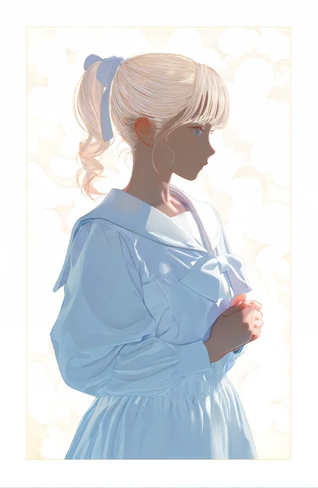 1girl, solo, long_sleeves, dress, ribbon, upper_body, hair_ribbon, ponytail, puffy_sleeves, sailor_collar, white_dress, profile, border, own_hands_together, white_theme