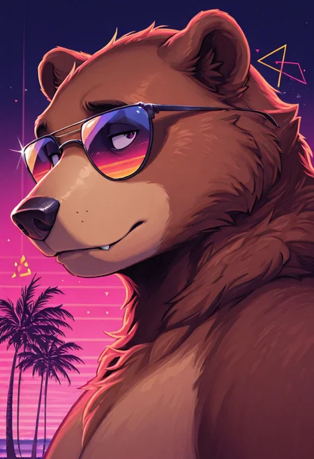 in the style of ck-rw, portrait of 1boy male furry anthro grizzly bear wearing fancy sunglasses, seducive, palm trees, triangle, sundown, stary night, masterpiece,best quality,amazing quality, side view
