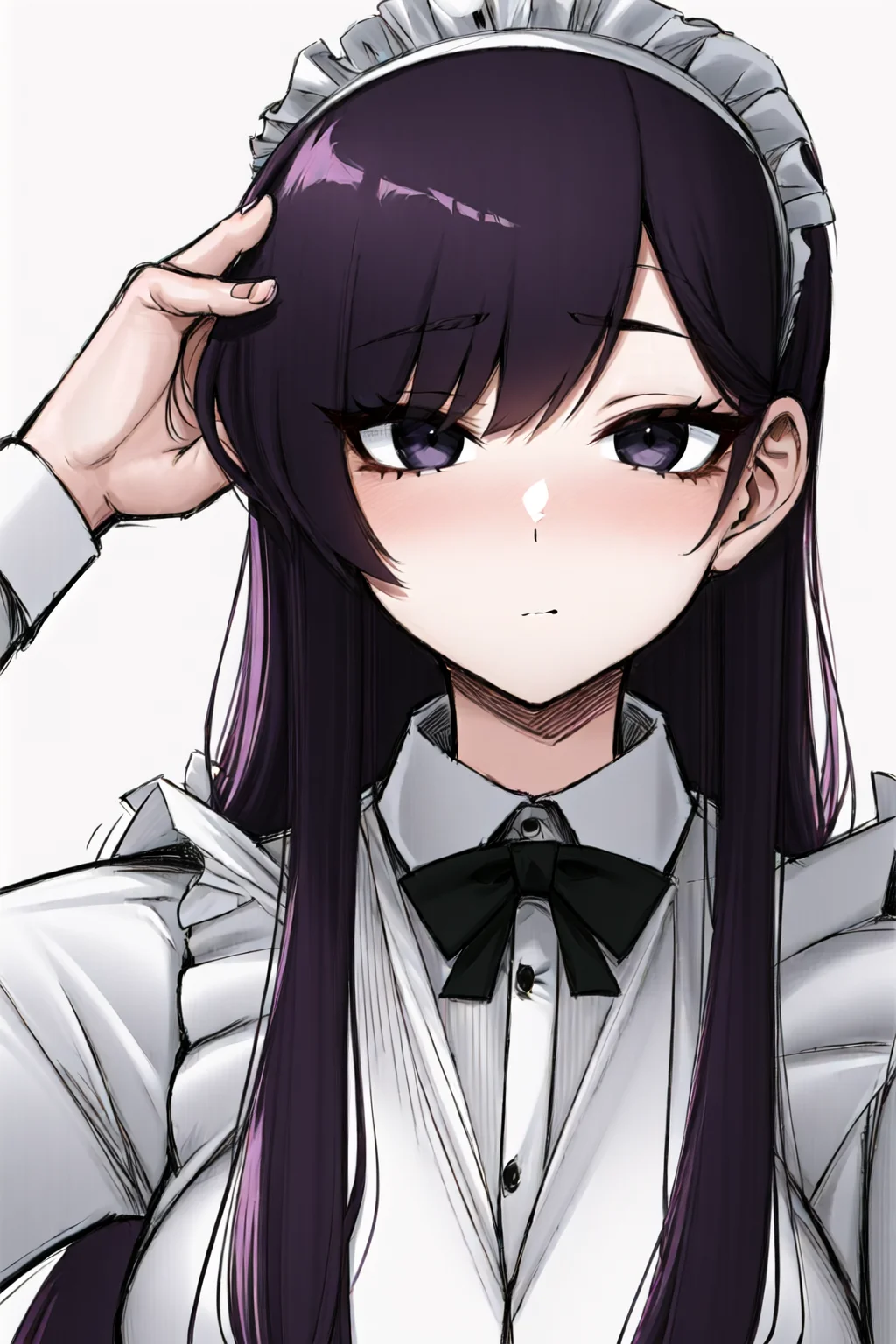 ((komi shouko)), 1girl, apron, black eyes, dotted background, emphasis lines,komi-san wa komyushou desu, long hair, looking at viewer, maid, (no mouth), (no nose), purple hair, self-upload, solo, sound effects, upper body, nose blush, large eyes, shaded face