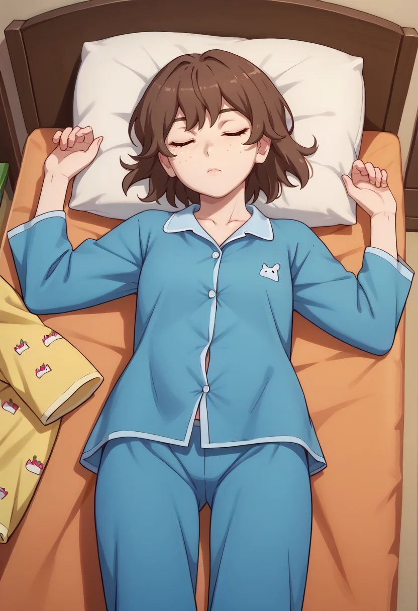 score_9, score_8_up,
1girl, <lora:MitonoShounou_OffSeason_PDXL:1>, mitonoshounou, brown hair, brown eyes, freckles,
pajamas, on back,
sleeping,
indoors