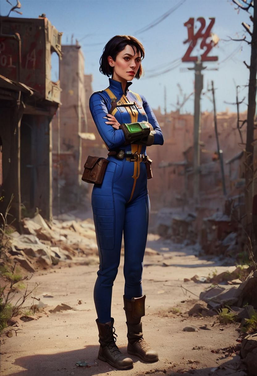 ASCII score_9, score_8_up, score_7_up, 1girl, 20 year old, gorgeous woman, wearing a vault tec vault suit, pipboy3000, fallout, tiny arms, tiny legs, tiny size breasts, tiny petite frame, harsh sunlight, standing, posing shyly