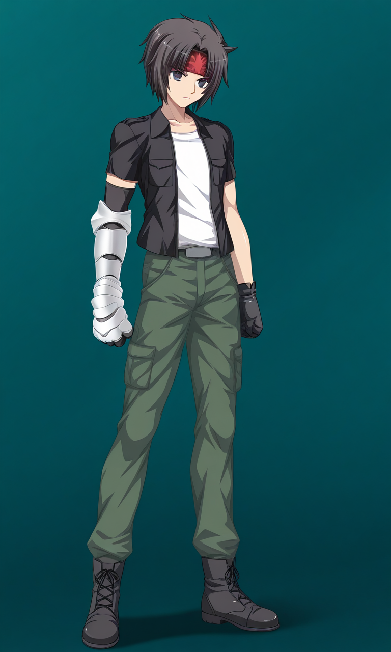 1boy, solo, ryuichiexaexsfa, black hair, short hair, parted bangs, black eyes, print headband, jacket, short sleeves, tanktop, single glove, single gauntlet, green pants, black ankle boots, standing, serious, green background, full body