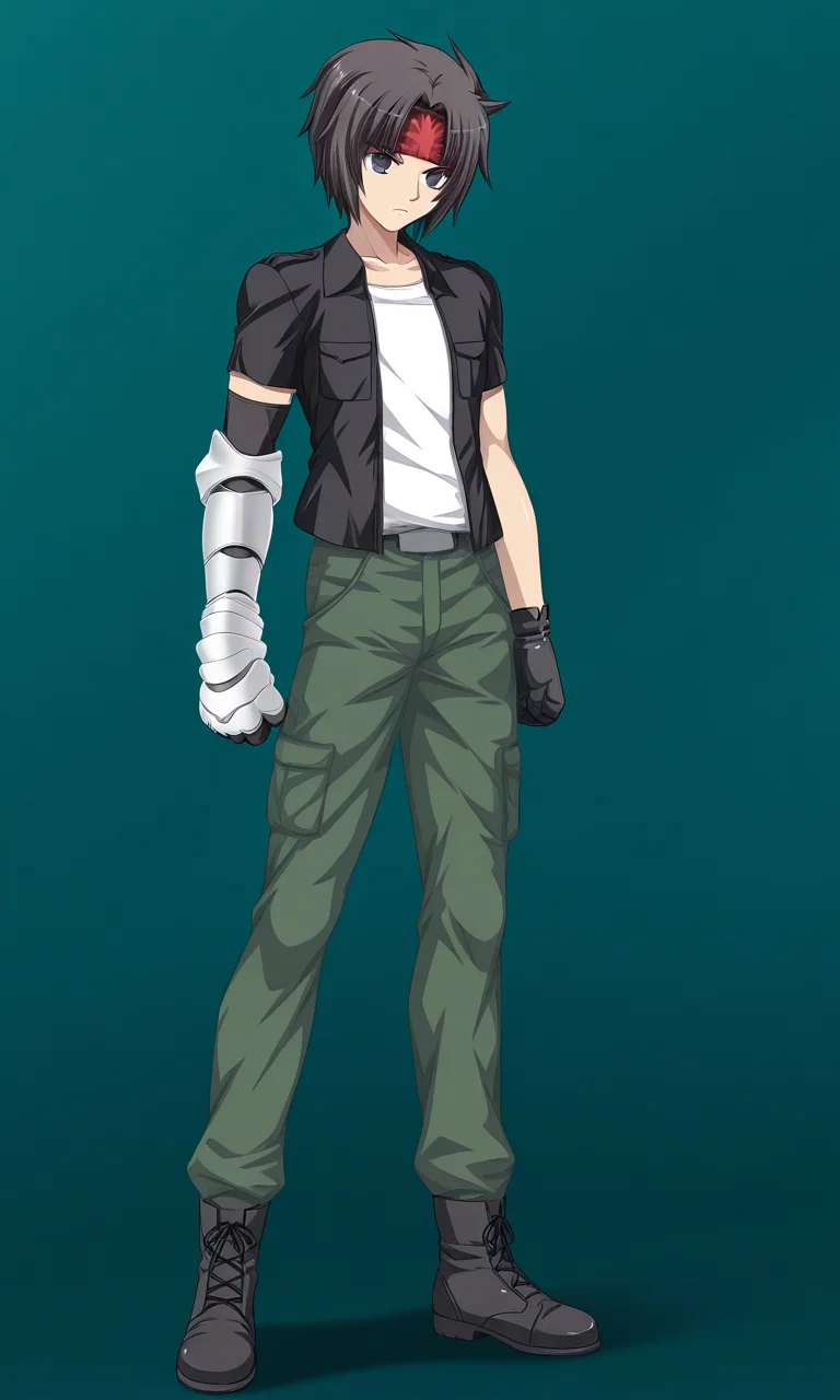 1boy, solo, ryuichiexaexsfa, black hair, short hair, parted bangs, black eyes, print headband, jacket, short sleeves, tanktop, single glove, single gauntlet, green pants, black ankle boots, standing, serious, green background, full body