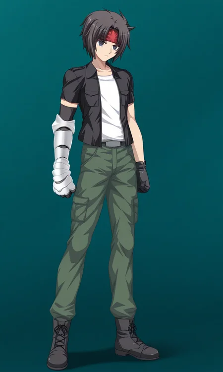 1boy, solo, ryuichiexaexsfa, black hair, short hair, parted bangs, black eyes, print headband, jacket, short sleeves, tanktop, single glove, single gauntlet, green pants, black ankle boots, standing, serious, green background, full body