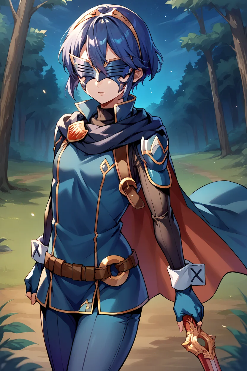 score_9, score_8_up, score_7_up, score_6_up, source_anime BREAK 1girl,  <lora:lucina-pdxl-nvwls-v1-000005:1> defLuci, short hair, tiara, mask, covered eyes, cape, blue scarf, blue tunic, long sleeves, cuffs, fingerless gloves, belt, blue pants, night sky, looking at you, forest, night, holding sword
